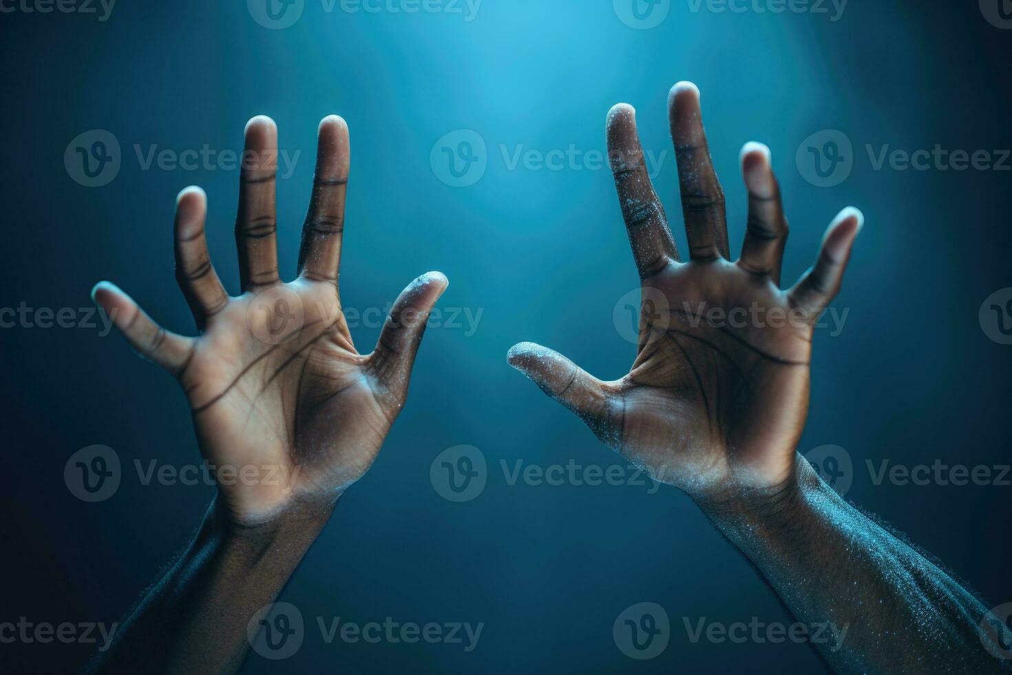 Two hands on a blue background. AI-Generated photo