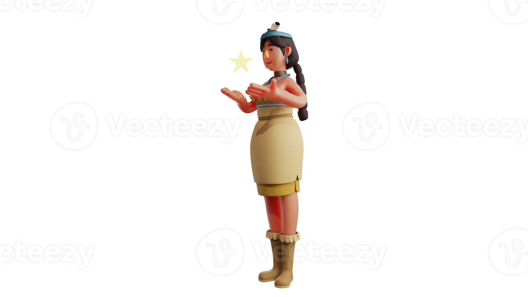 3D illustration. Indian Girl 3D Cartoon Character. The Indian girl raised her hands and there were shining stars above them. Indian girl amazed by falling star. 3D cartoon character png