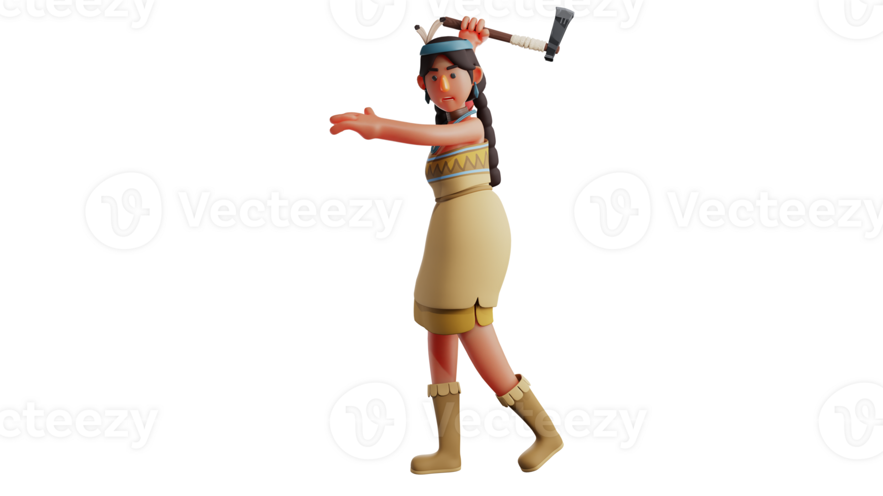 3D illustration. Hunter 3D Cartoon Character. Beautiful hunter cuts down a tree using a sharp axe. A cruel woman who swings her axe. 3D cartoon character png