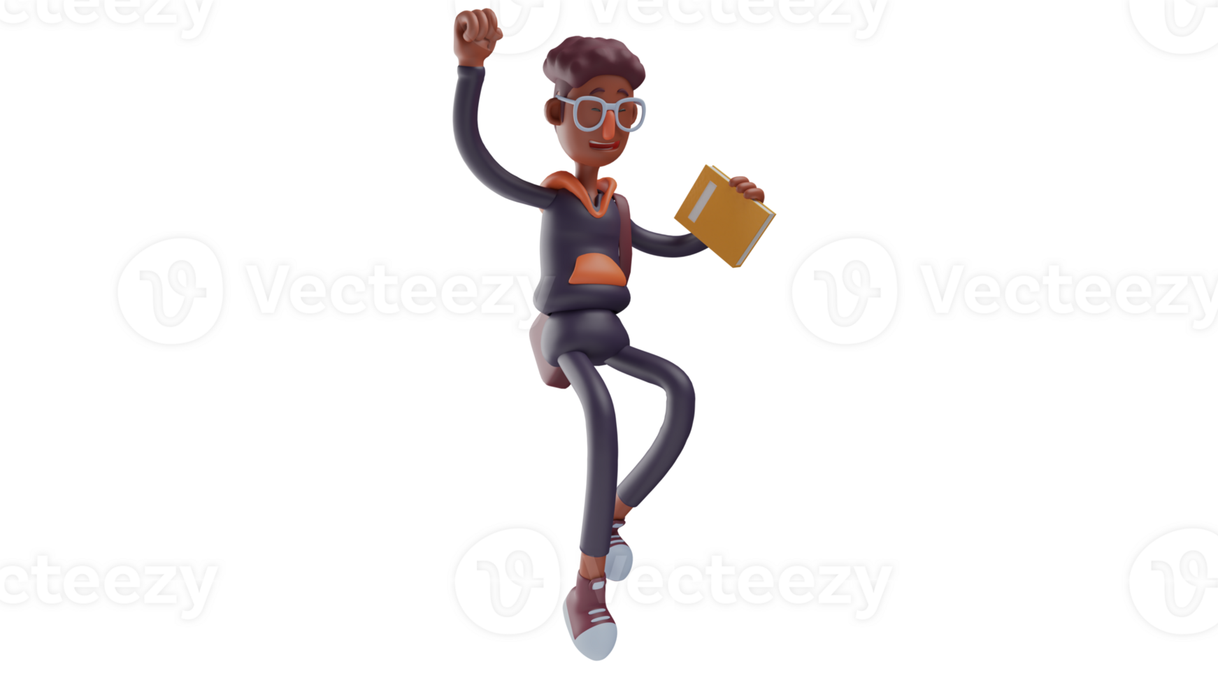 3D illustration. Cute Student 3D Cartoon Character. Student in a jumping pose while clenching his fists. Handsome student carrying books. Young man with a strange expression. 3D cartoon character png