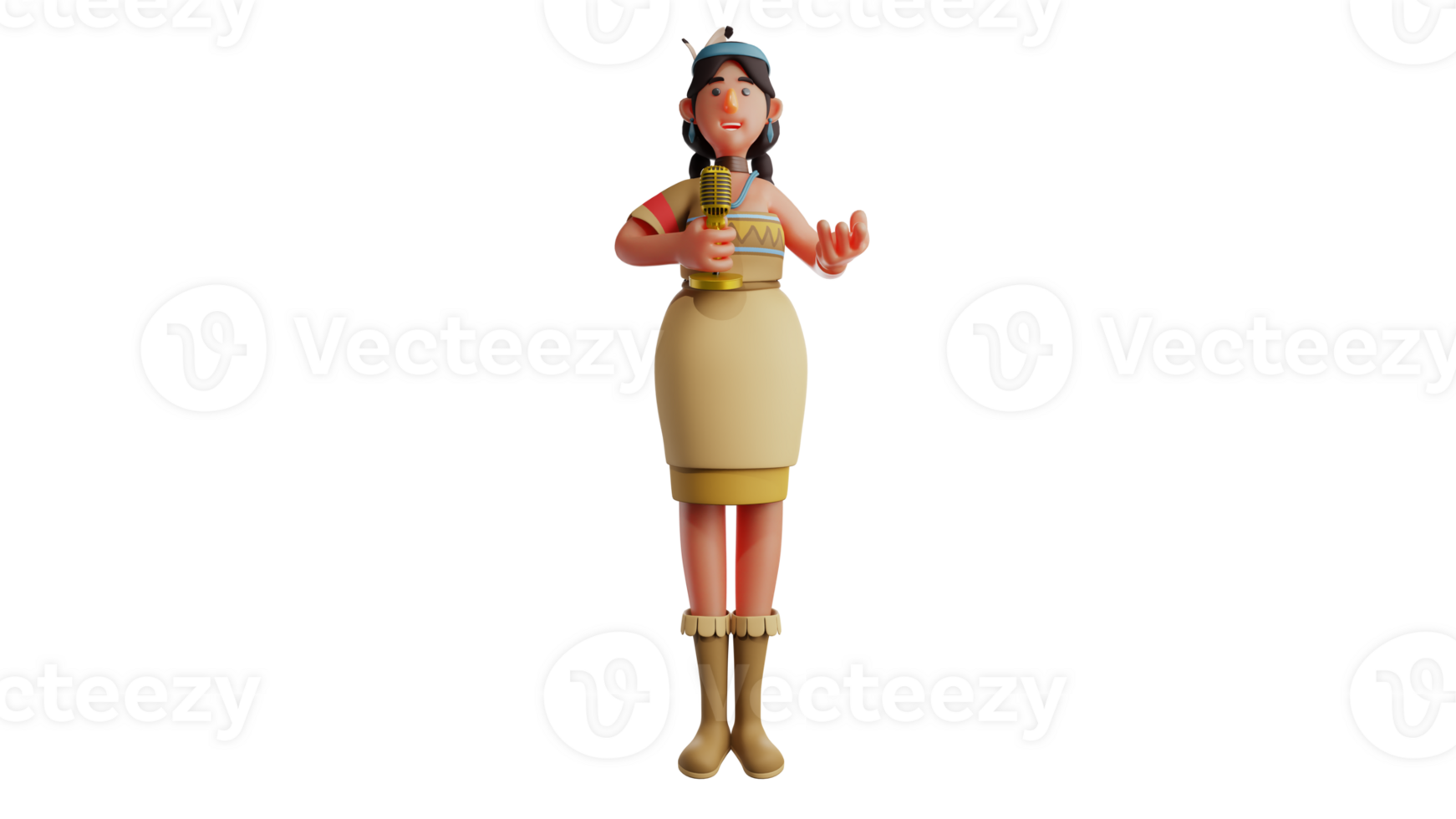 3D illustration. Sweet Woman 3D Cartoon Character. This beautiful woman showed her talent in singing. A beautiful woman holds a golden microphone and has a nice voice. 3D cartoon character png
