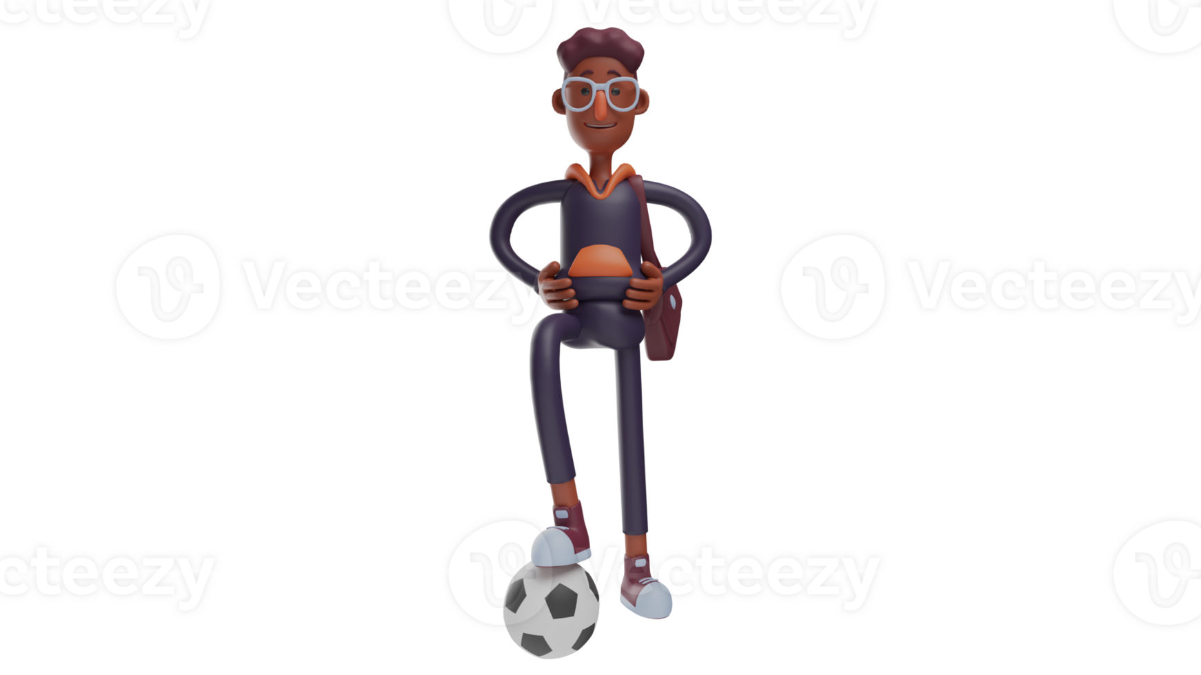 3D illustration. Cool Youth 3D Cartoon Character. Young man standing with one foot on a soccer ball. Student who will play ball with his friends. 3D cartoon character png