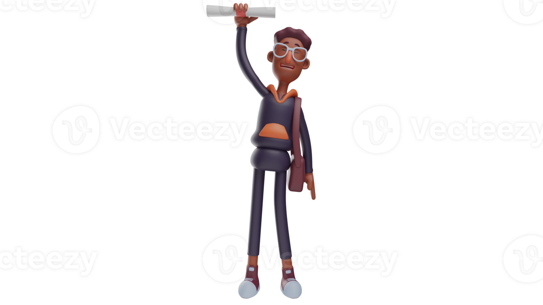 3D illustration. Young Teacher 3D Cartoon Character. Young teacher holding up a roll of paper. Smart student who brought a description of his research in the roll of paper. 3D cartoon character png