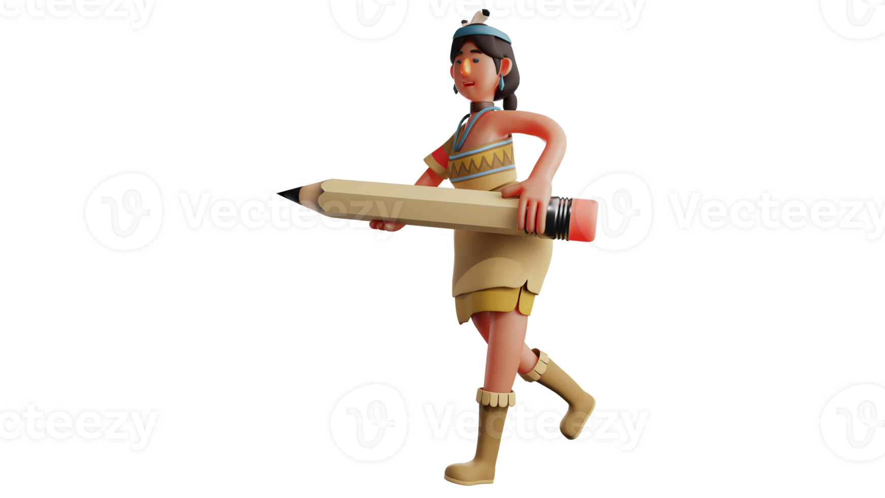 3D illustration. Attractive Indian Girl 3D Cartoon Character. Cute Indian girl running while carrying a giant pencil. Indian girl looks happy. 3D cartoon character png