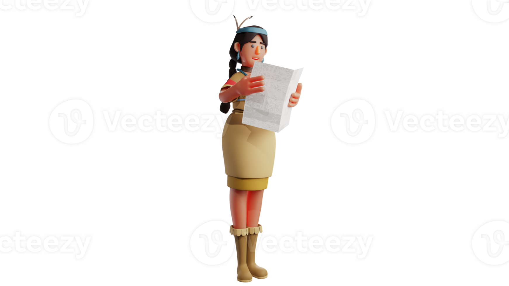 3D illustration. Indian Girl 3D cartoon character. Indian girl is standing while reading newspaper. Beautiful girl reading some important news. Girl showing a serious expression. 3D cartoon character png