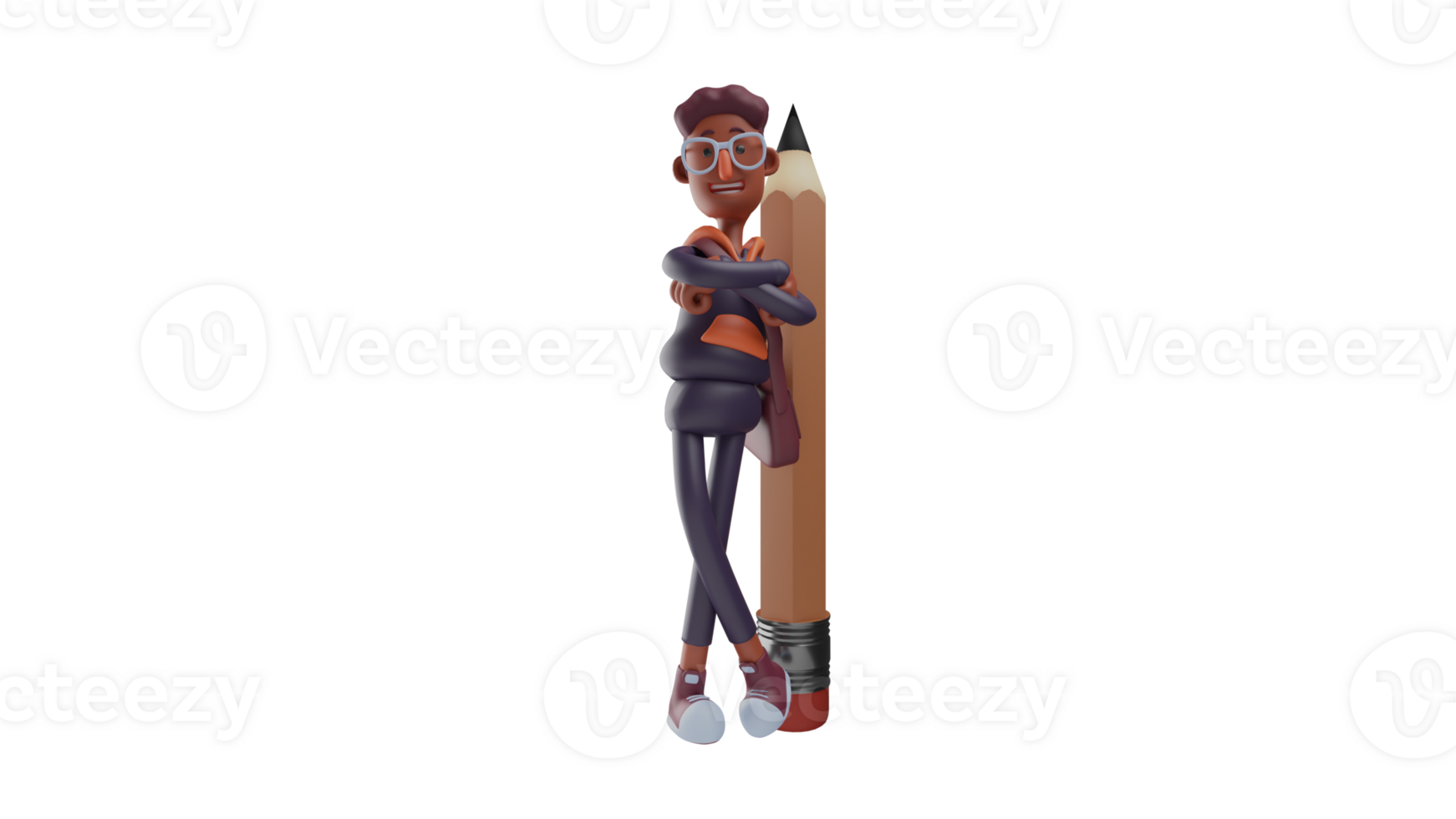 3D illustration. Cool Boy 3D Cartoon Character. The guy leaning on a giant pencil. Sweet guy with his arms crossed. Boy wearing glasses and showing his sweet expression. 3D cartoon character png