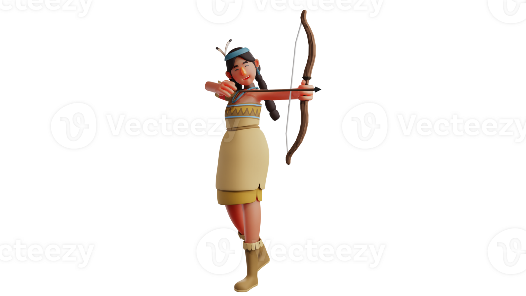 3D illustration. Archer 3D Cartoon Character. The archer girl prepares to shoot something in front of her. An Indian girl who has been involved in the world of arrows. 3D cartoon character png