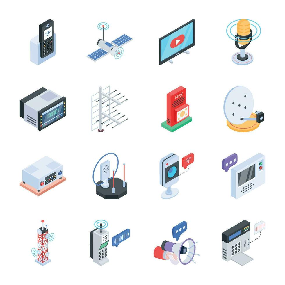 Pack of 16 Communication Mediums Isometric Icons vector