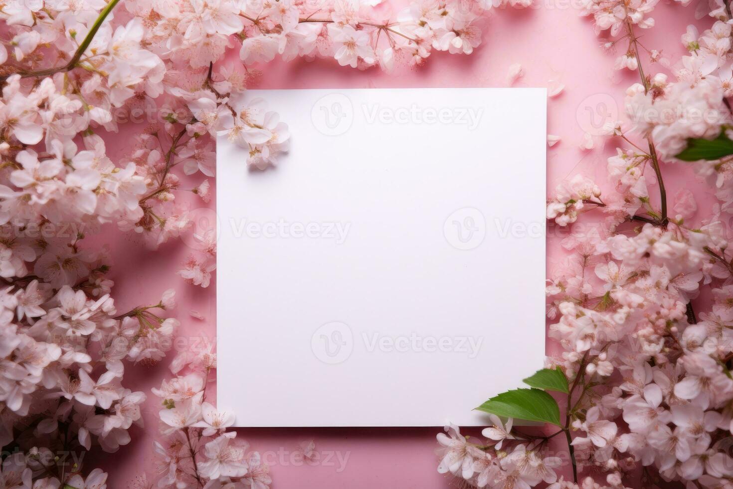 A white square blank sheet of paper on a pink background with spring flowers. AI generated photo