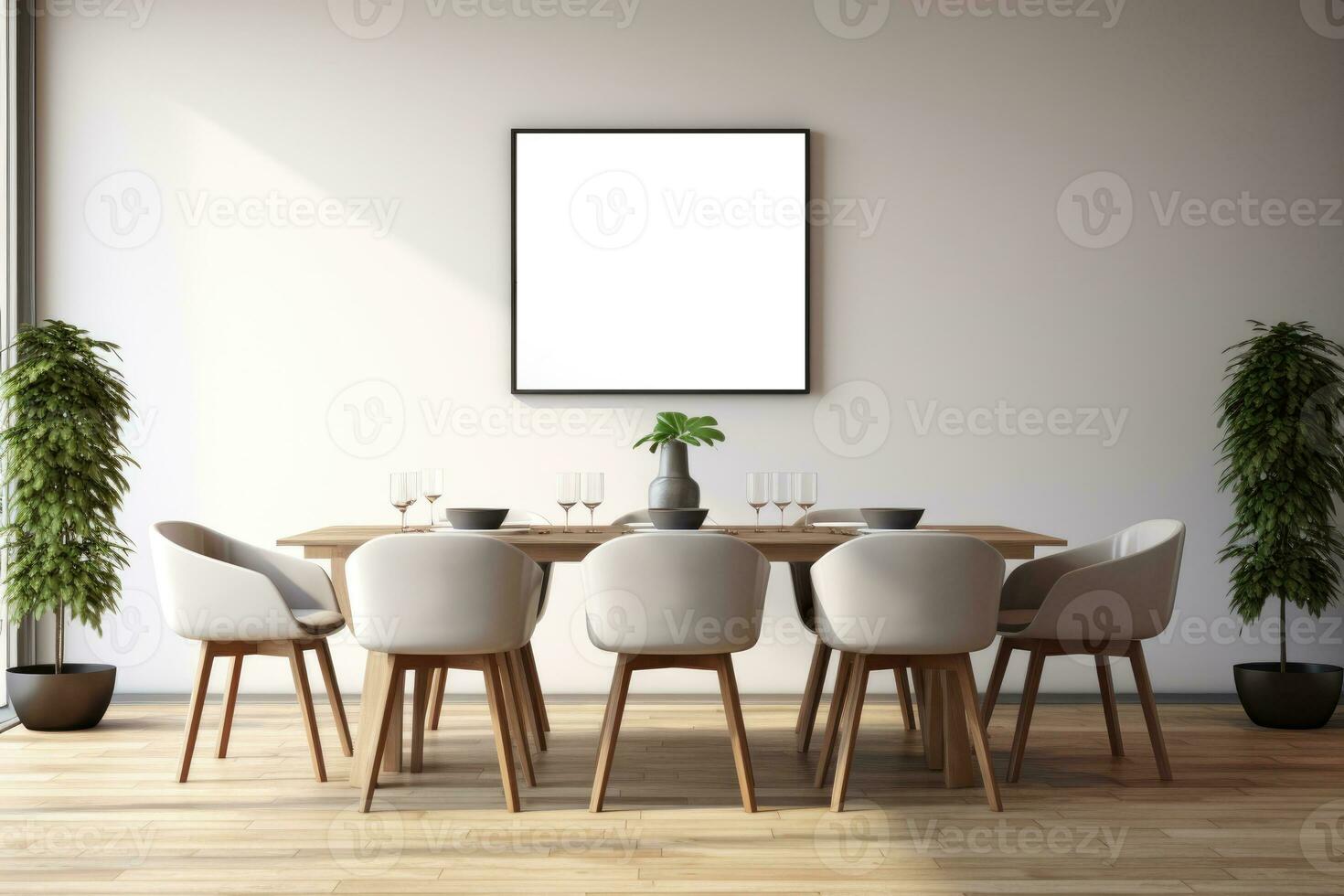 The interior of a modern kitchen and living room with a dining table and frames on the wall. AI generated photo