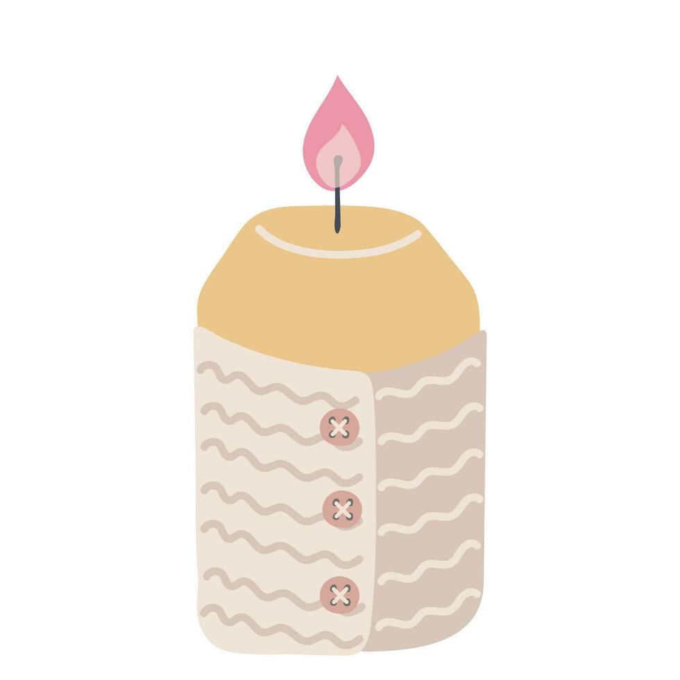 Wax candle in knitted decor. Christmas, spa, winter holiday, new year, home decoration. aroma candle vector