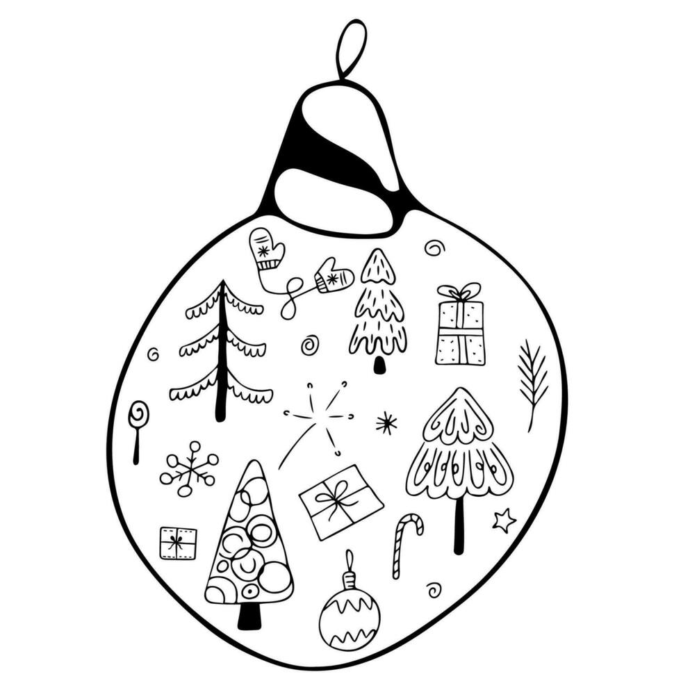 Holiday hand drawn doodle xmas characters and decorations in circle pendant. Christmas toy. New year vector