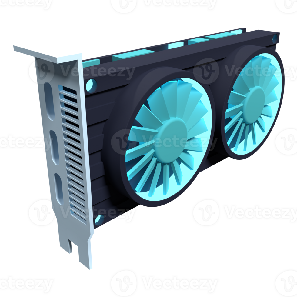 dubbel ventilator grafiek kaart. computer bestanddeel icoon. 3d geven video kaart. 3d renderen png