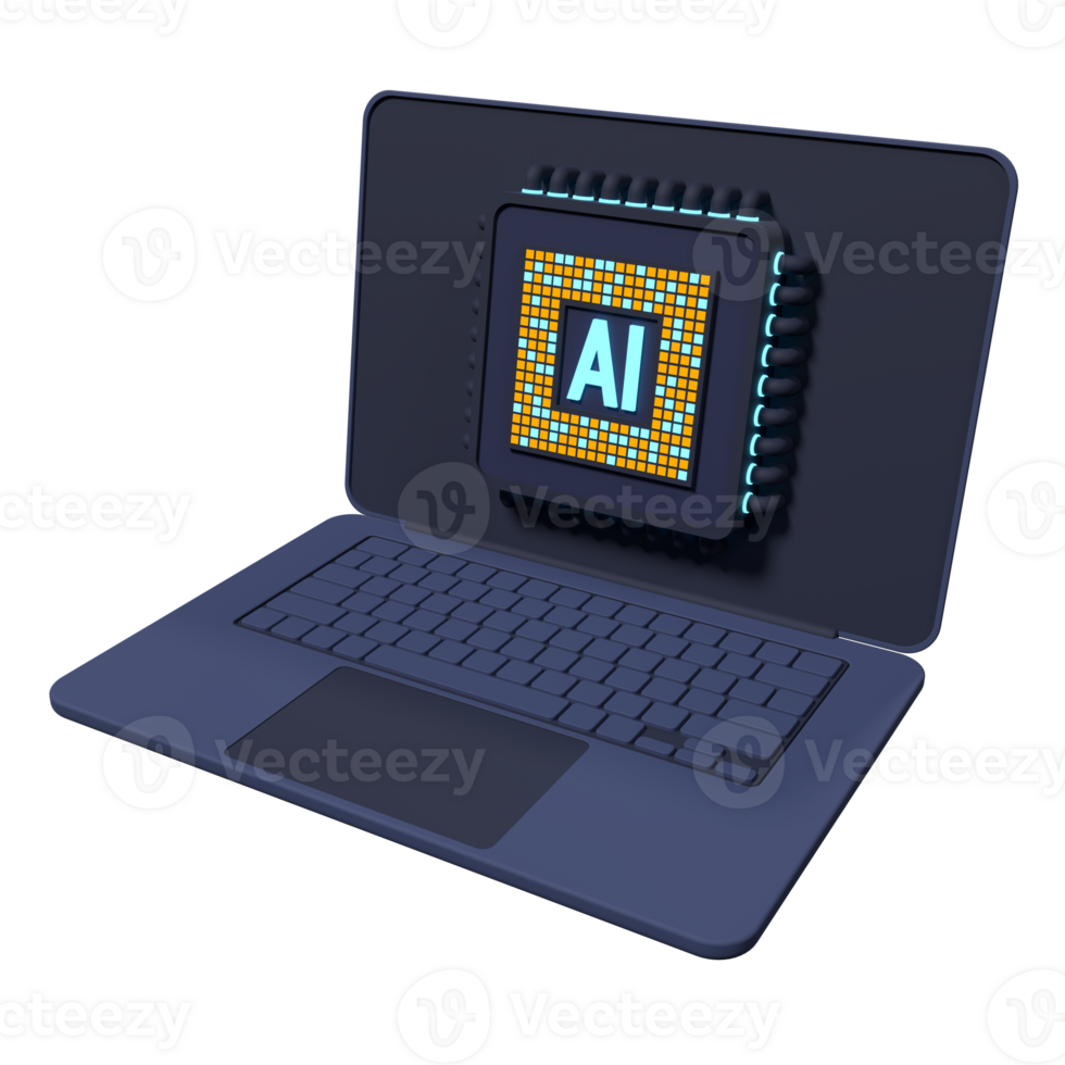3D render laptop computer with microchip. AI chip hardware concept. Futuristic microchip on laptop. Laptop artificial intelligence. 3D rendering png