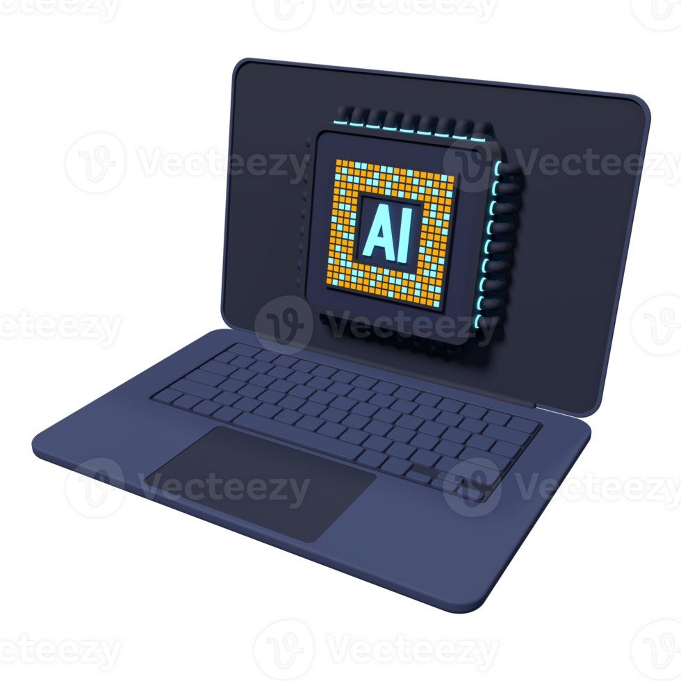 3d render computador portátil computador com microchip. ai lasca hardware conceito. futurista microchip em computador portátil. computador portátil artificial inteligência. 3d Renderização png