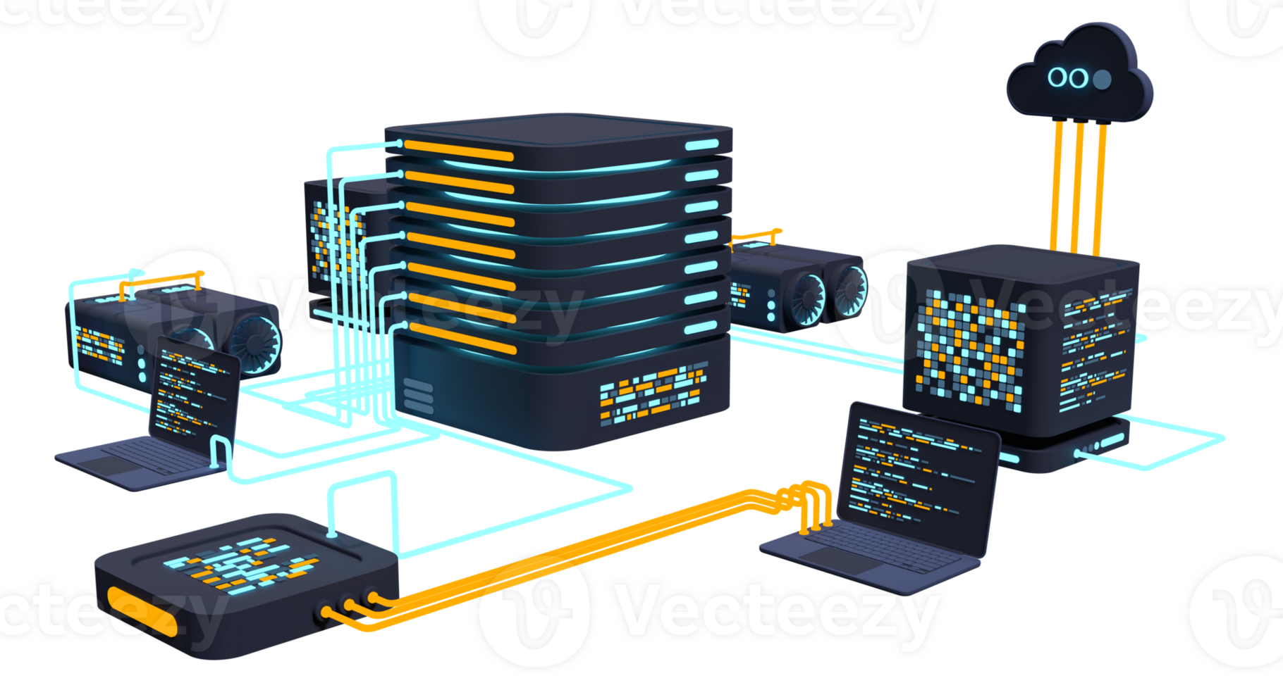 Computer technology 3D illustration. Computation of big data center. Cloud computing. Online devices upload and download information. Modern 3D illustration. 3D rendering png