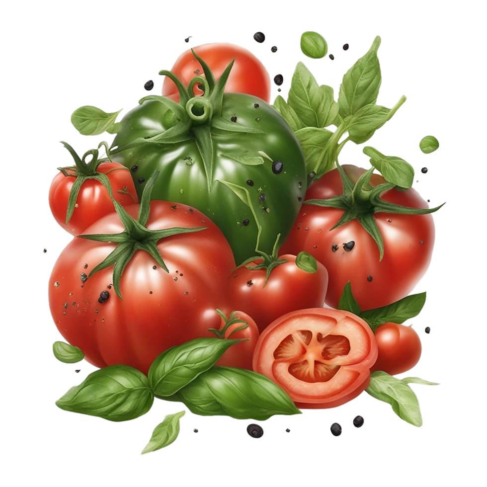 Fresh natural tomato whit green leaves on transparent background AI Generated png