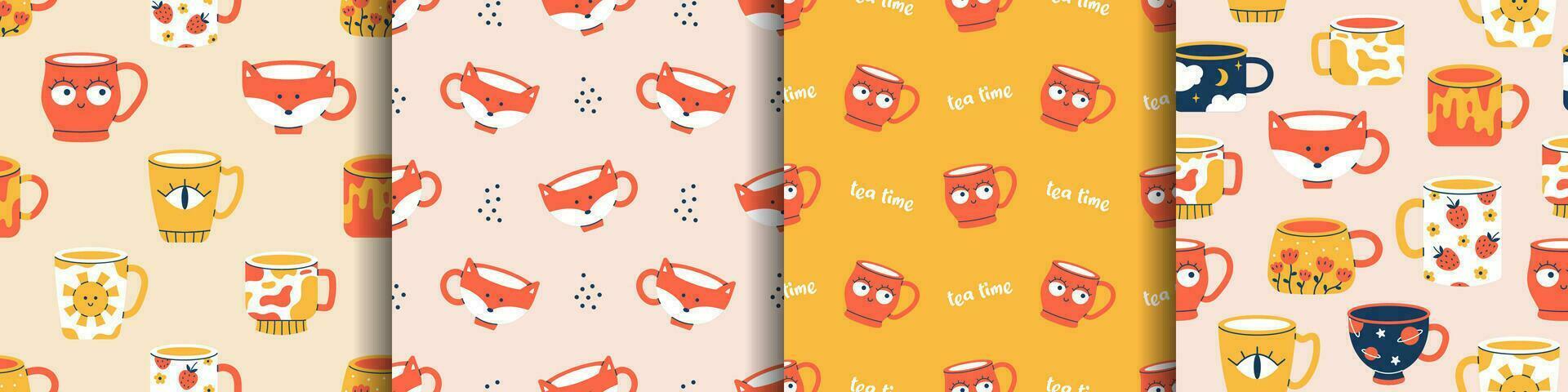 Vector set of seamless patterns with different cups of tea or coffee. Trendy backgrounds with ceramic mugs with various ornaments. Collection with patterns with modern drink cups.