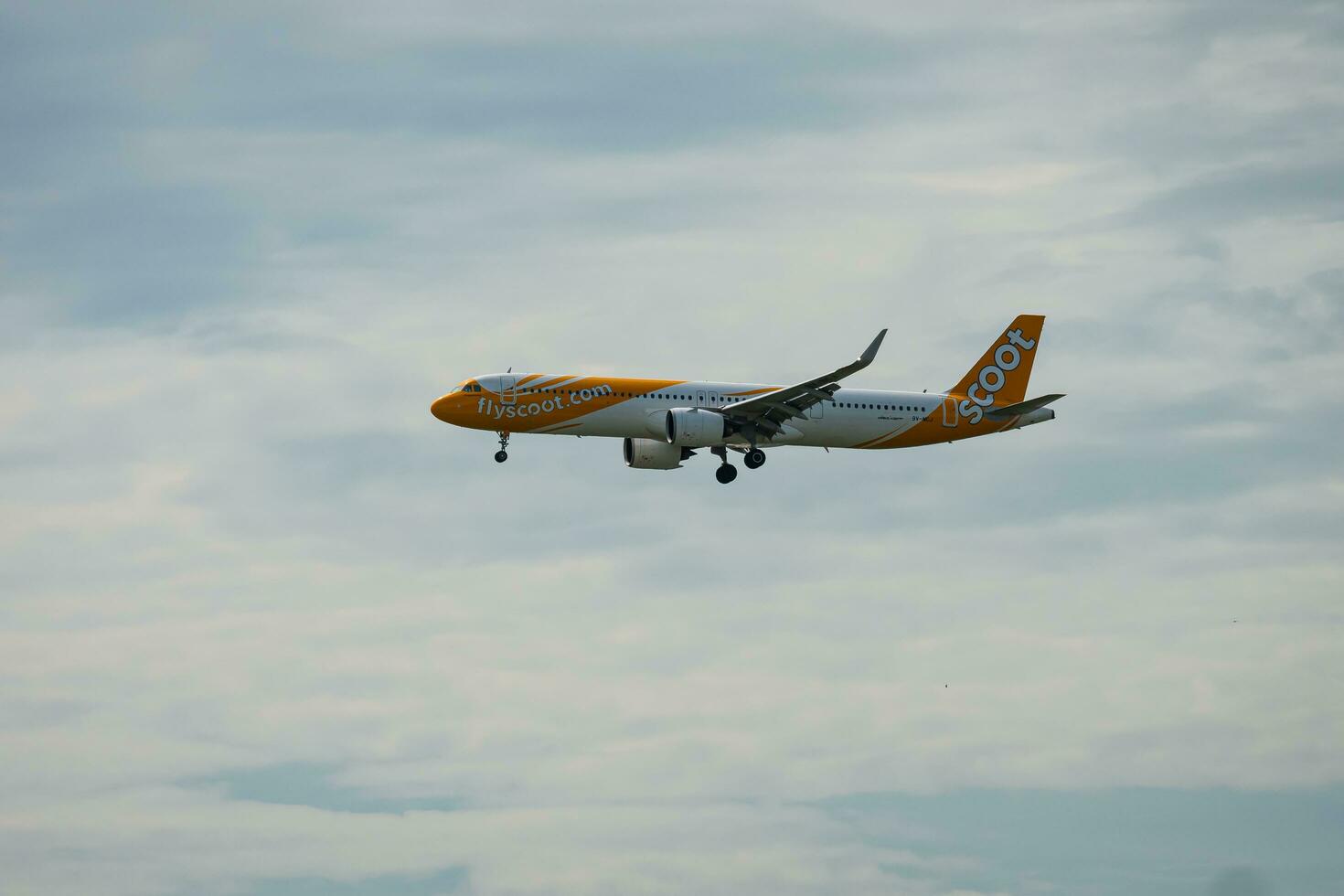 Bangkok, Thailand - August 26, 2023  Flyscoot airways prepare for Landing at Suvarnabhumi Airport, Thailand photo