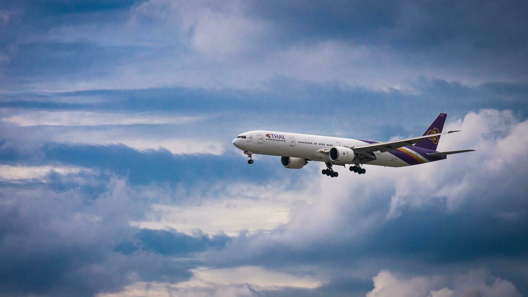 Bangkok, Thailand - August 26, 2023  Thai Airways prepare for Landing at Suvarnabhumi Airport, Thailand photo