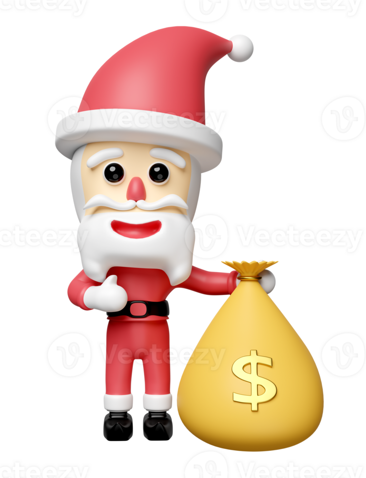 Santa Claus with money bag isolated. merry christmas and happy new year, 3d render illustration png