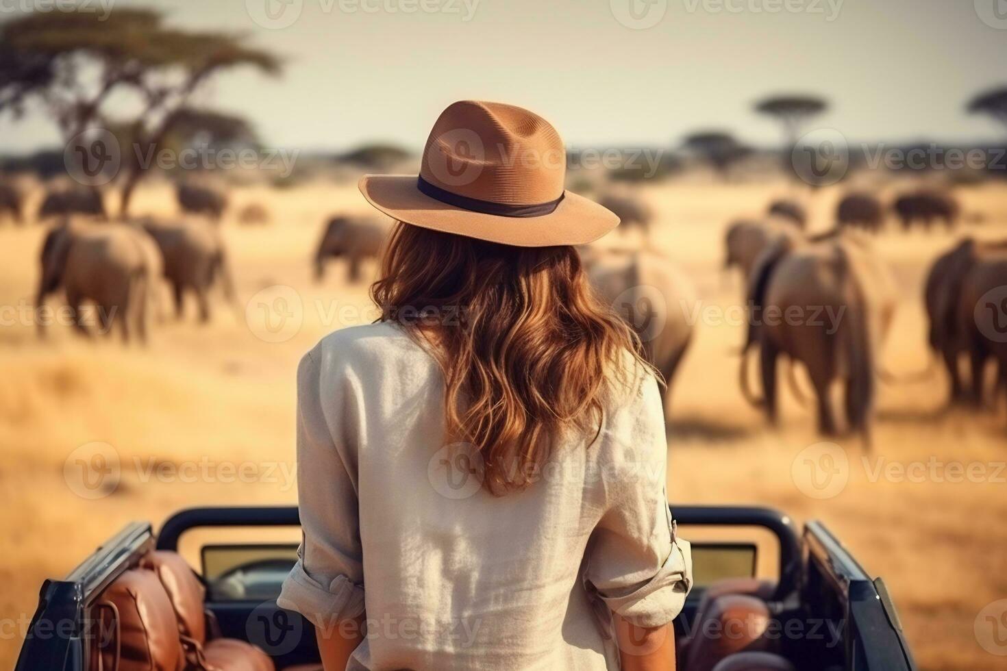 a beautiful female tourist explore a savanna AI Generative photo