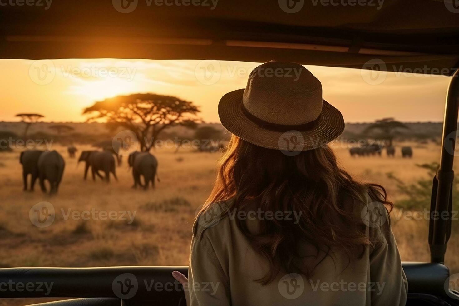 a beautiful female tourist explore a savanna AI Generative photo