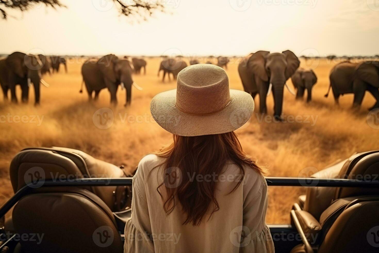 a beautiful female tourist explore a savanna AI Generative photo