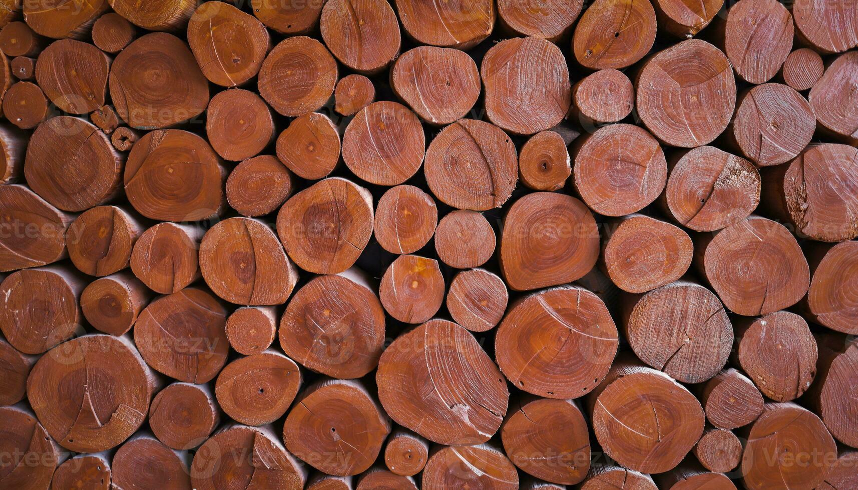 Rounded cut wood, arranged to match the wall, beautifully decorated in a natural, rustic style. photo