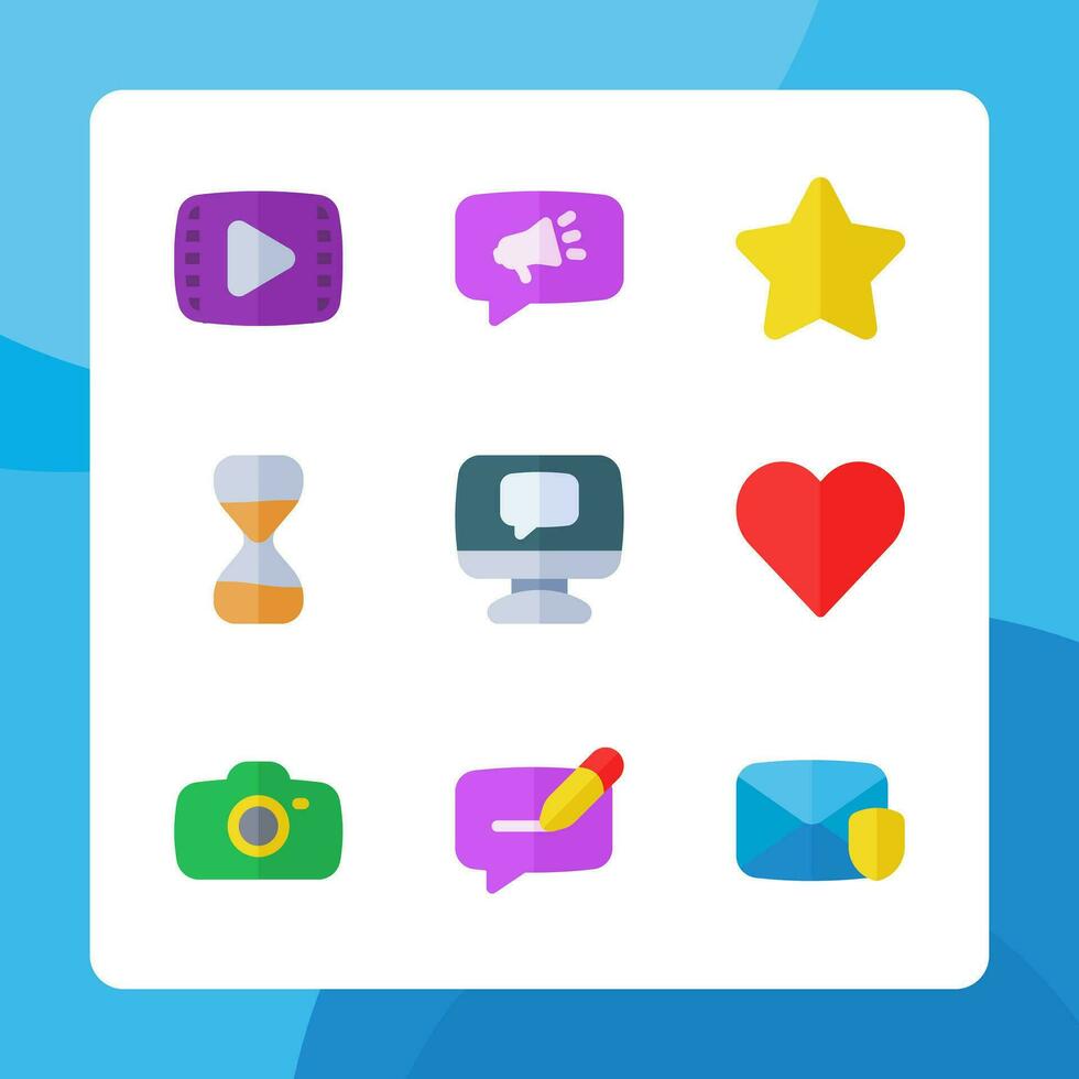 Essential ui icons in flat style, for ui ux design, website icons, interface and business. Including video file, marketing, star, love, heart, camera, time, security message, etc. vector
