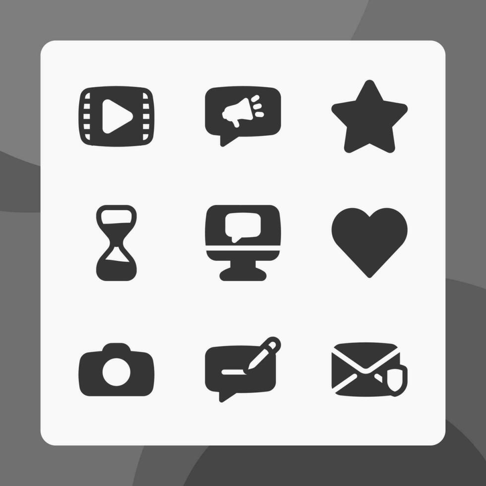 Essential ui icons in glyph style, for ui ux design, website icons, interface and business. Including video file, marketing, star, love, heart, camera, time, security message, etc. vector