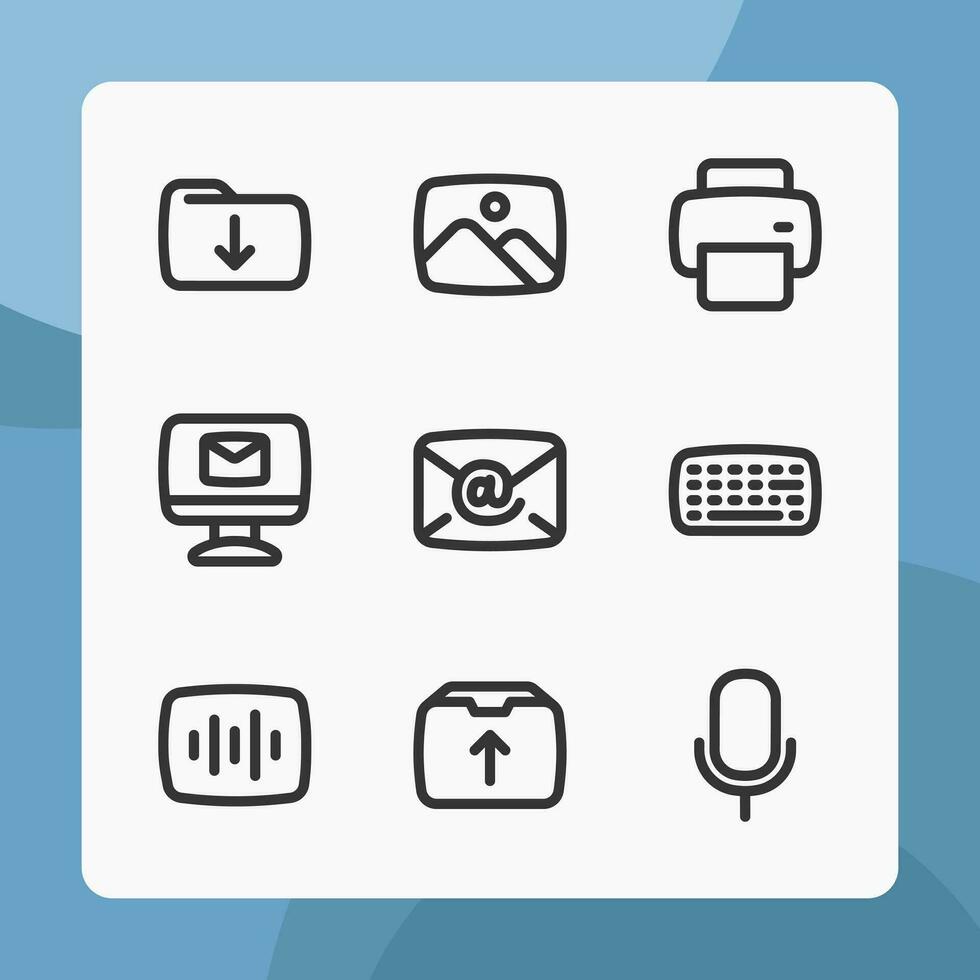 UI icons in line style, for ui ux design, website icons, interface and business. Including download folder, image file, print, email, keyword, audio file, microphone, etc. vector