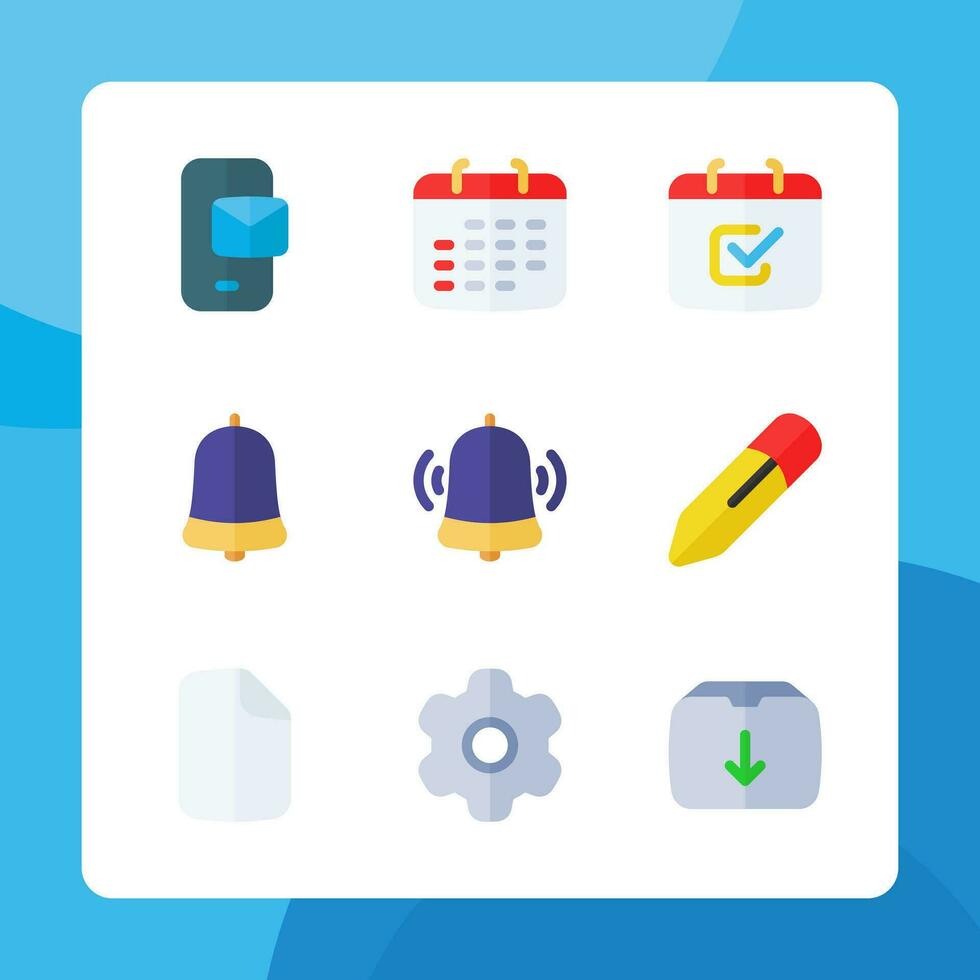 Essential icons in flat style, for ui ux design, website icons, interface and business. Including calendar, to do list, notification bell, setting, file, pencil, etc. vector
