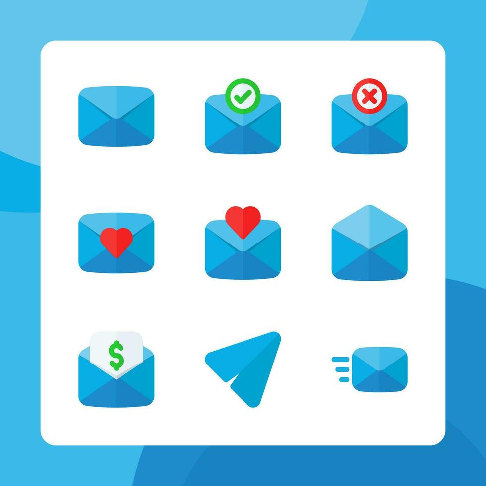 Email icons vector flat style, for ui ux design, website icons, interface and business. Including love mail, message, send message, error message, letter, etc.