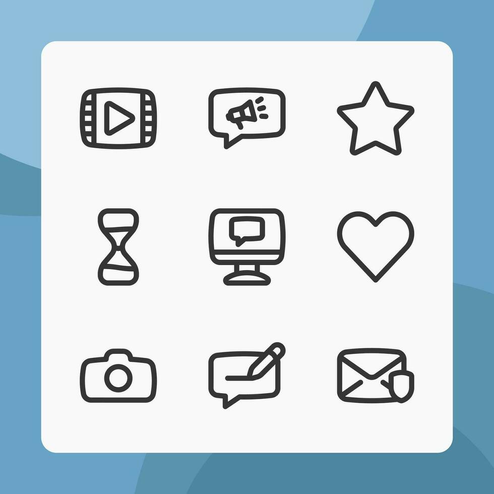 Essential ui icons in line style, for ui ux design, website icons, interface and business. Including video file, marketing, star, love, heart, camera, time, security message, etc. vector