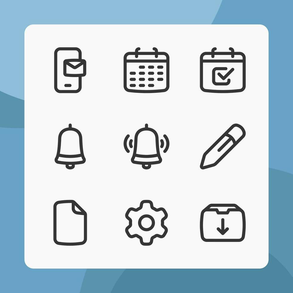 Essential icons in line style, for ui ux design, website icons, interface and business. Including calendar, to do list, notification bell, setting, file, pencil, etc. vector