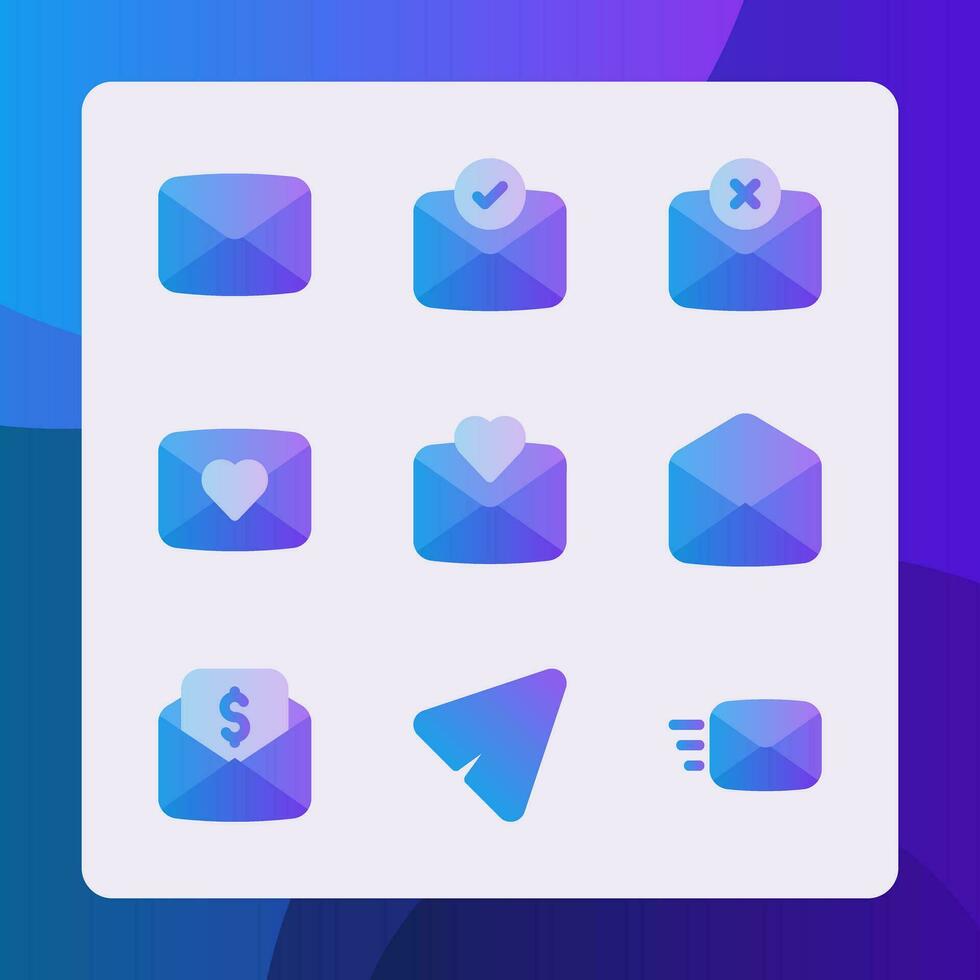 Email icons vector gradient style, for ui ux design, website icons, interface and business. Including love mail, message, send message, error message, letter, etc.