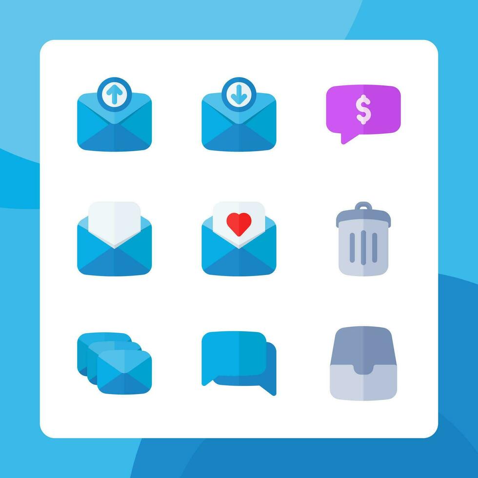 Message icons vector flat style, for ui ux design, website icons, interface and business. Including love letter, message, mail, delete, chat, inbox, etc.