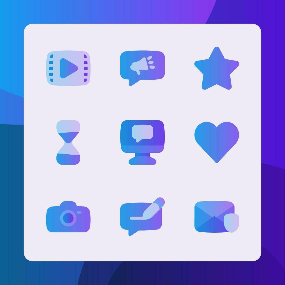 Essential ui icons in gradient style, for ui ux design, website icons, interface and business. Including video file, marketing, star, love, heart, camera, time, security message, etc. vector