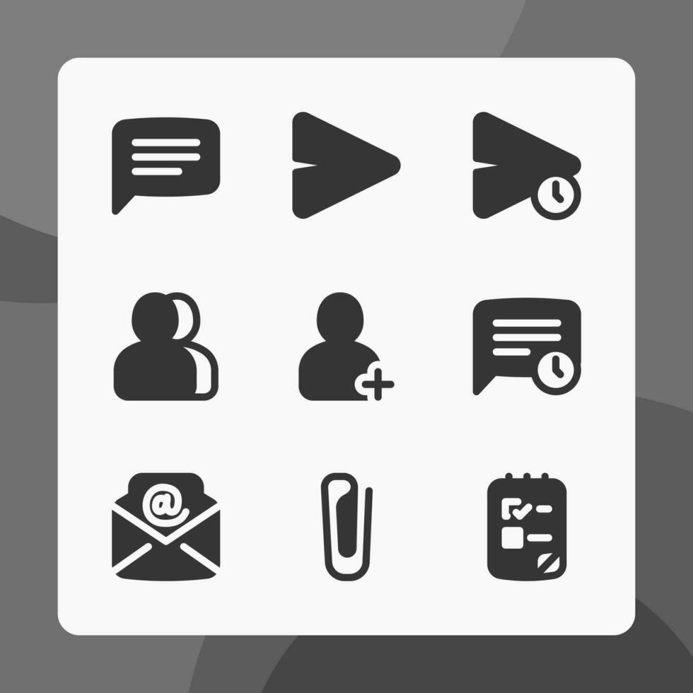 Basic ui icons in glyph style, for ui ux design, website icons, interface and business. Including email, paper clip, message, delay message, add contact, etc. vector