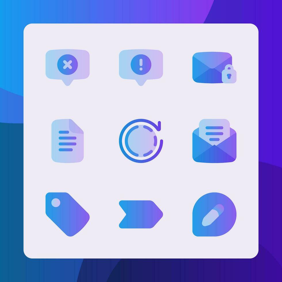 comunicación interfaz íconos en degradado estilo, para ui ux diseño, sitio web iconos, interfaz y negocio. incluso mensaje correos arriba, bloquear correo, precio etiqueta, carta, escribir mensaje, etc. vector