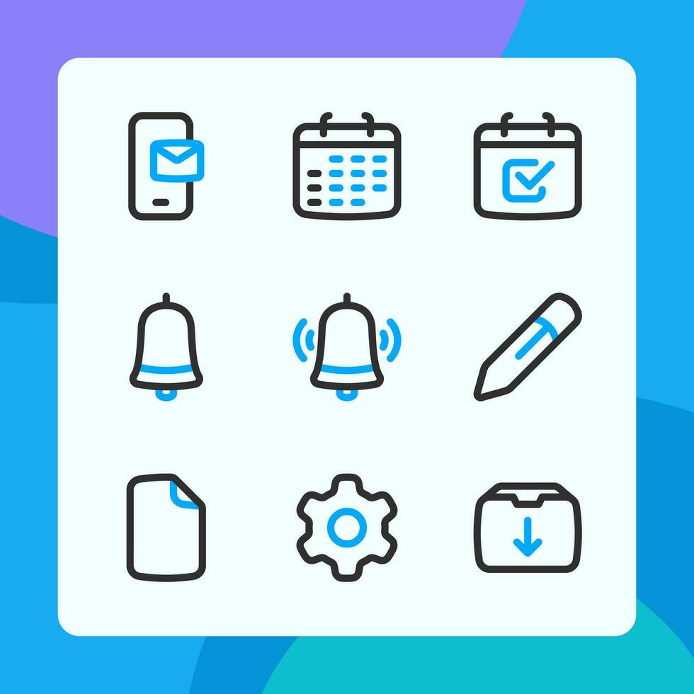 esencial íconos en doble tono estilo, para ui ux diseño, sitio web iconos, interfaz y negocio. incluso calendario, a hacer lista, notificación campana, configuración, archivo, lápiz, etc. vector