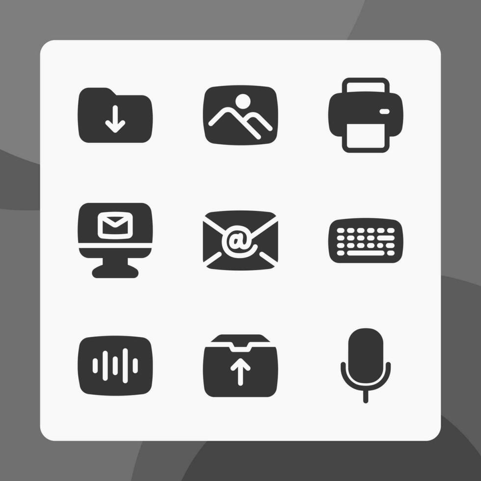 ui íconos en glifo estilo, para ui ux diseño, sitio web iconos, interfaz y negocio. incluso descargar carpeta, imagen archivo, imprimir, correo electrónico, palabra clave, audio archivo, micrófono, etc. vector