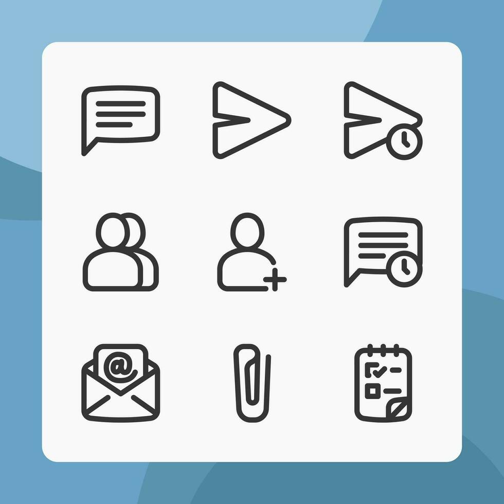 Basic ui icons in line style, for ui ux design, website icons, interface and business. Including email, paper clip, message, delay message, add contact, etc. vector