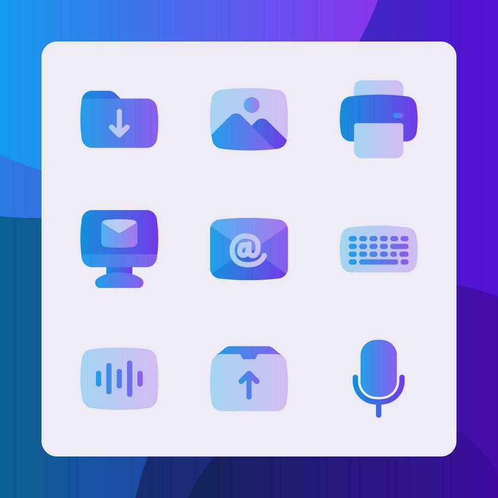 UI icons in gradient style, for ui ux design, website icons, interface and business. Including download folder, image file, print, email, keyword, audio file, microphone, etc. vector