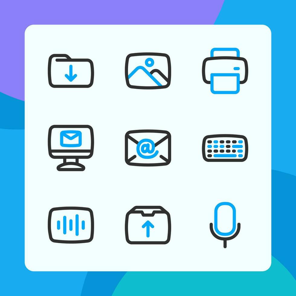 UI icons in dual tone style, for ui ux design, website icons, interface and business. Including download folder, image file, print, email, keyword, audio file, microphone, etc. vector