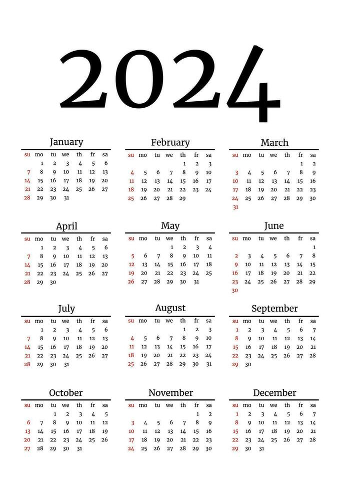 Calendar for 2024 isolated on a white background vector