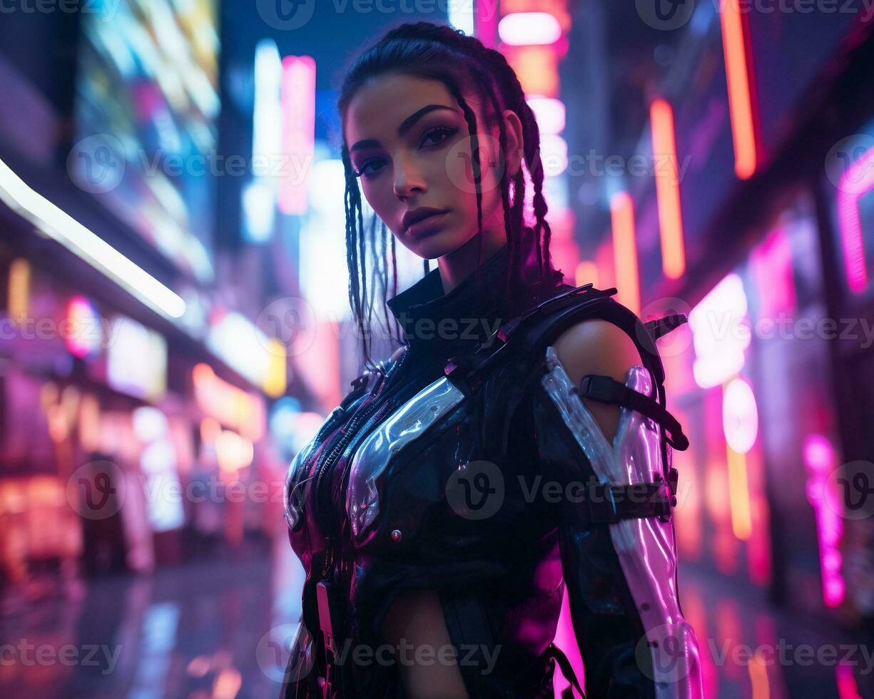 un foto de un niña en un luces de neón cyberpunk atuendo en un futurista paisaje urbano a noche ai generativo