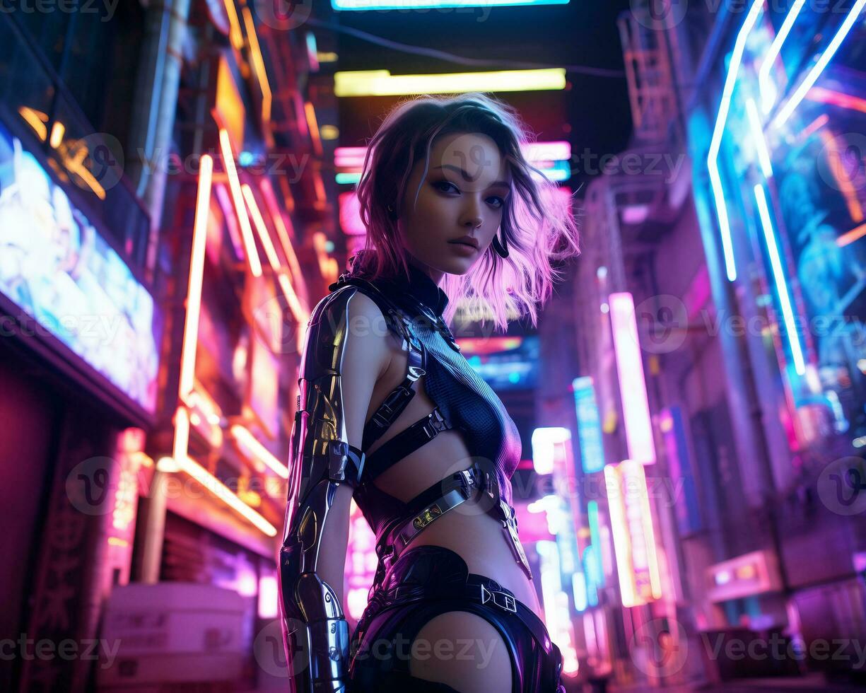 un foto de un niña en un luces de neón cyberpunk atuendo en un futurista paisaje urbano a noche ai generativo