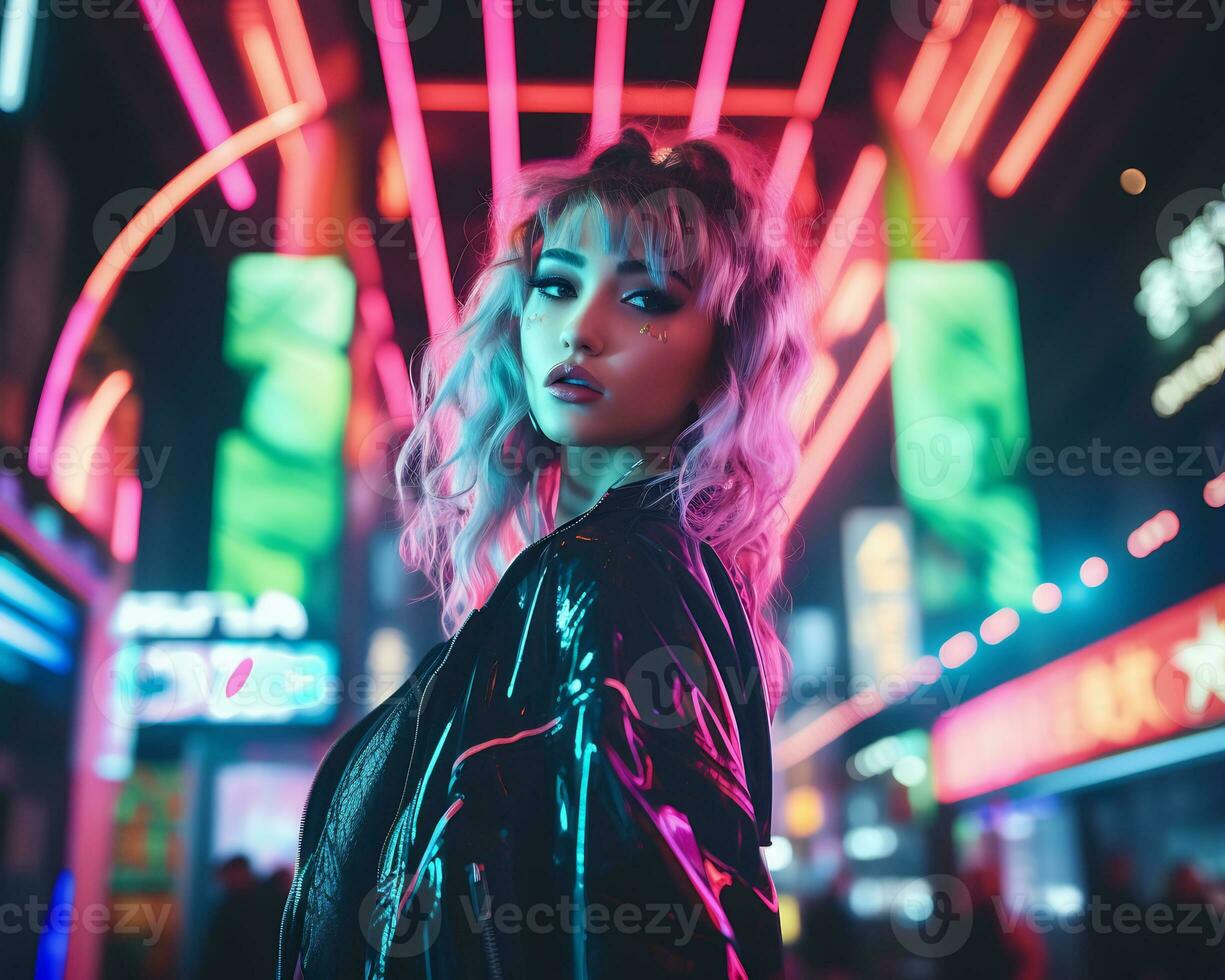 A photo of a girl in a neon-lit cyberpunk attire in a futuristic cityscape at night AI Generative